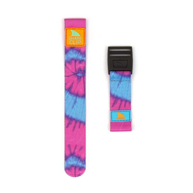 Two Freestyle STRAP KIT - CLIP - TIE DYE PINK SPLASH wristbands: one features a yellow label, the other includes a gray buckle.