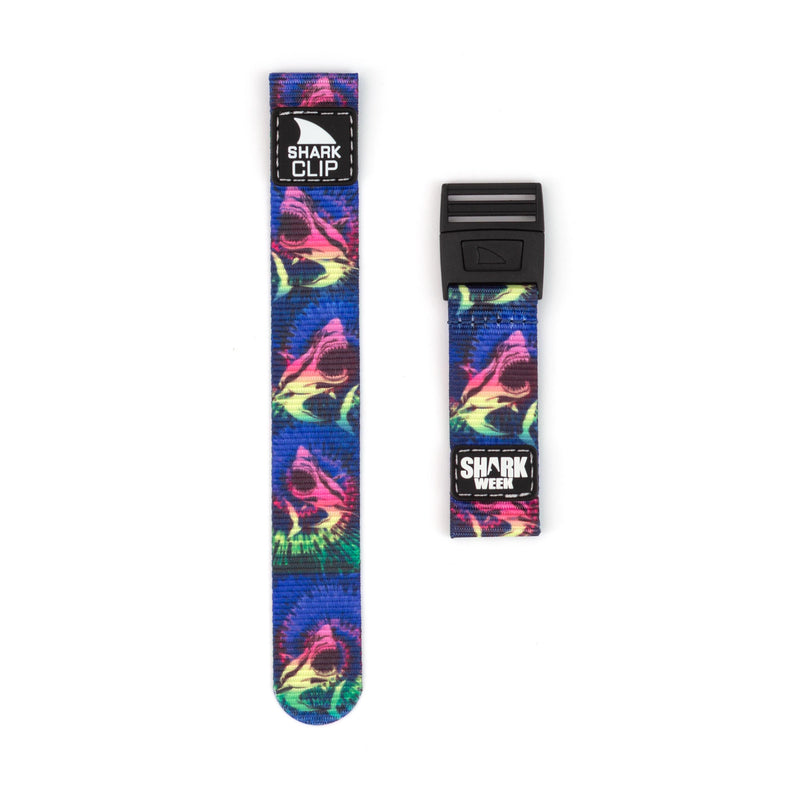 Two vibrant STRAP KIT - CLIP - SW TIE DYE MEG straps by Freestyle featuring shark head patterns and secure clip closure.