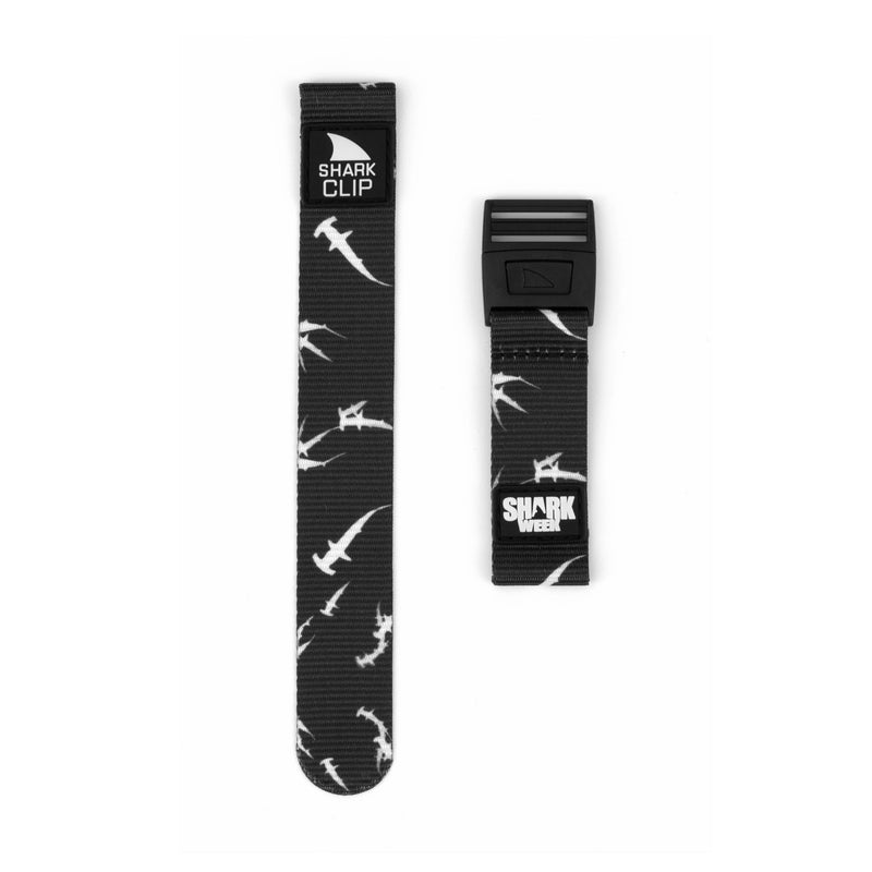 Two black Freestyle STRAP KIT-CLIP-SW MEGA HAMMERHEAD bands display white hammerhead shark patterns.