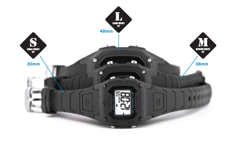Black digital watch with size indicators: Small (30mm), Medium (38mm), Large (48mm)