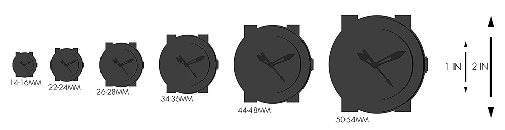 Watch size guide showing dimensions from 14mm to 54mm.