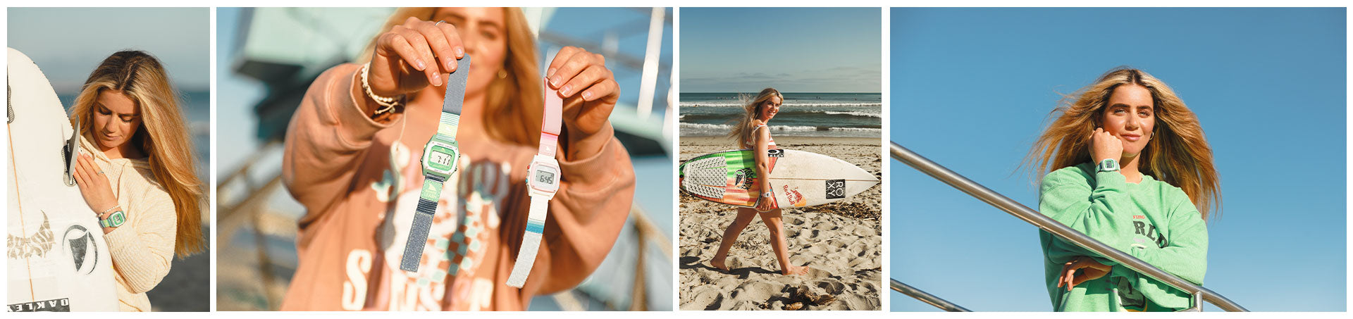 A collage of Caroline Marks showcasing Freestyle watches on the beach and holding watch straps.