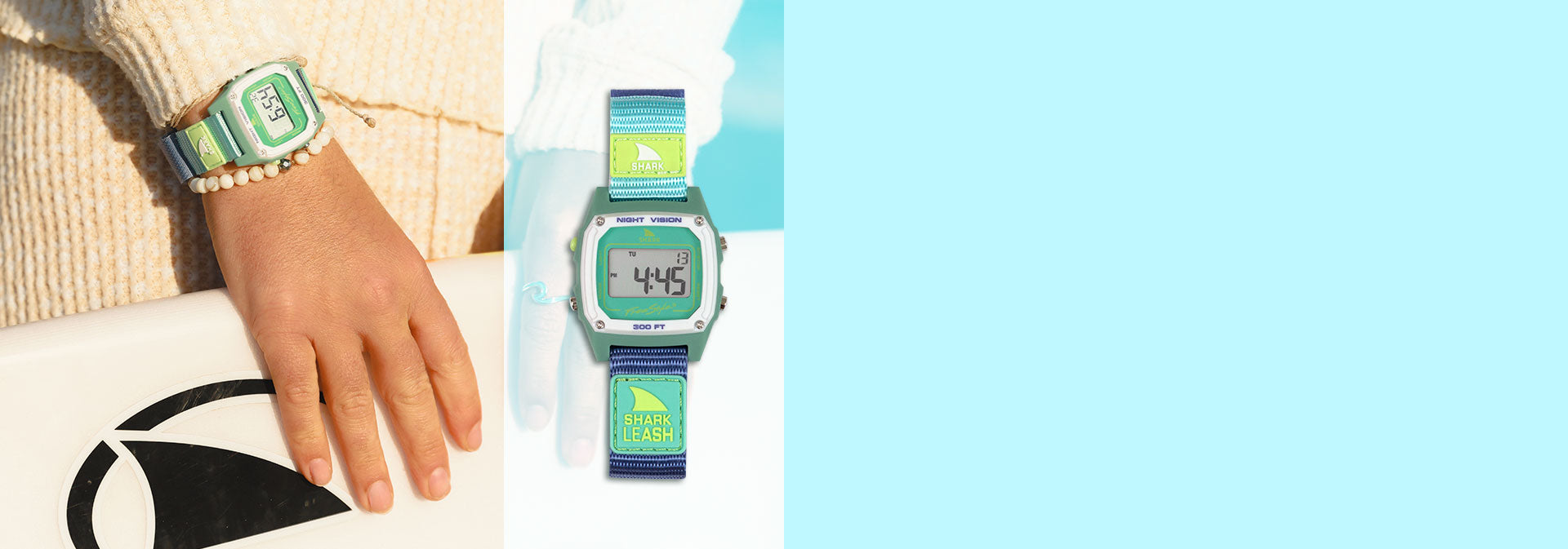 A hand wearing a green Shark Leash watch, holding a surfboard, with a blue background.