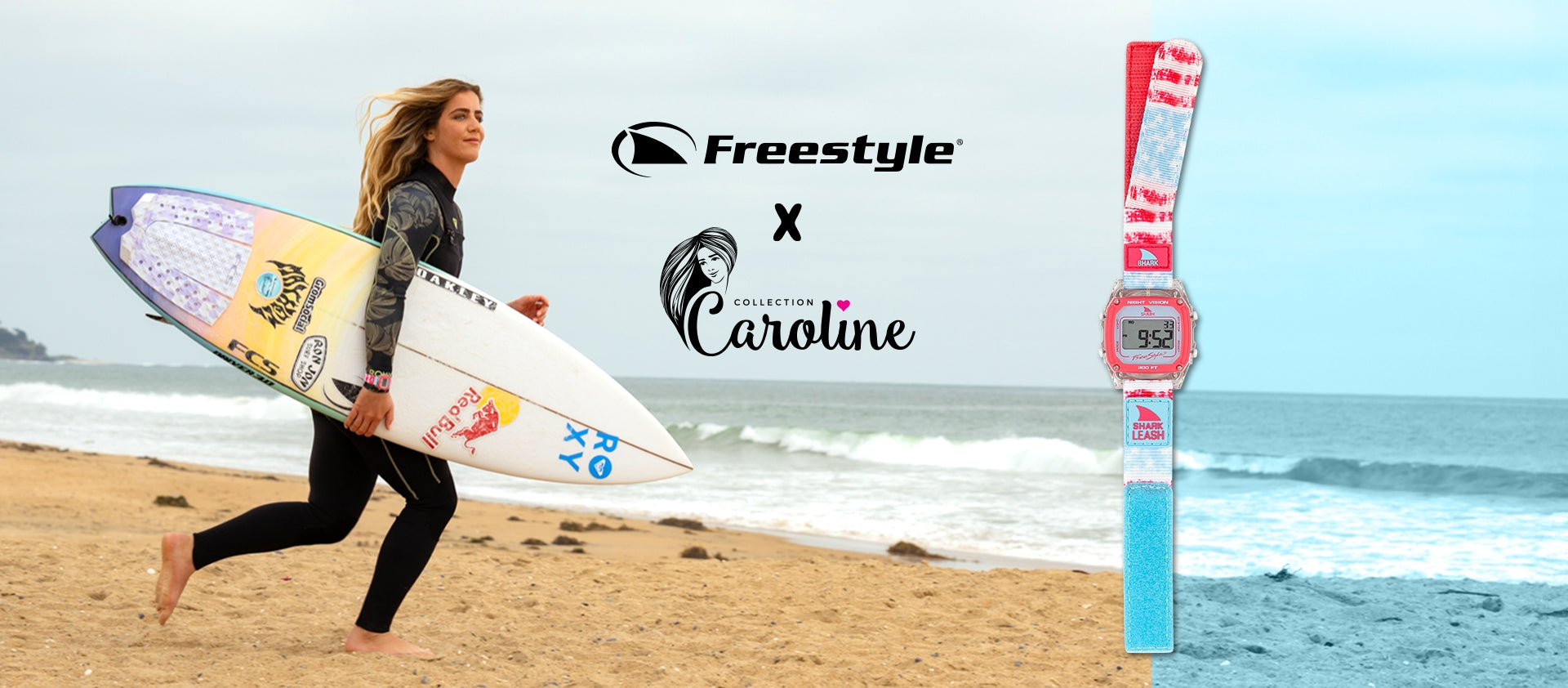 A woman running on the beach with a surfboard, featuring Freestyle and Caroline Marks branding, alongside a watch.