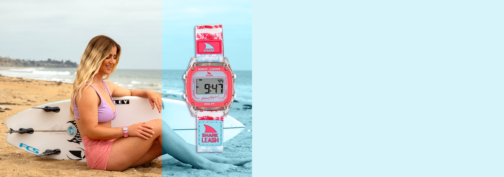 Caroline Marks wearing a pink Shark Leash watch on the beach with a surfboard