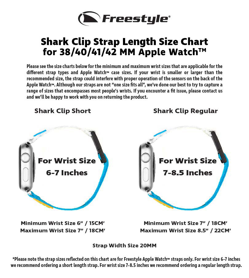 Shark Clip Strap Length Size Chart for 38/40/41/42 MM Apple Watch™ showing sizes for wrist 6-7 inches and 7-8.5 inches.