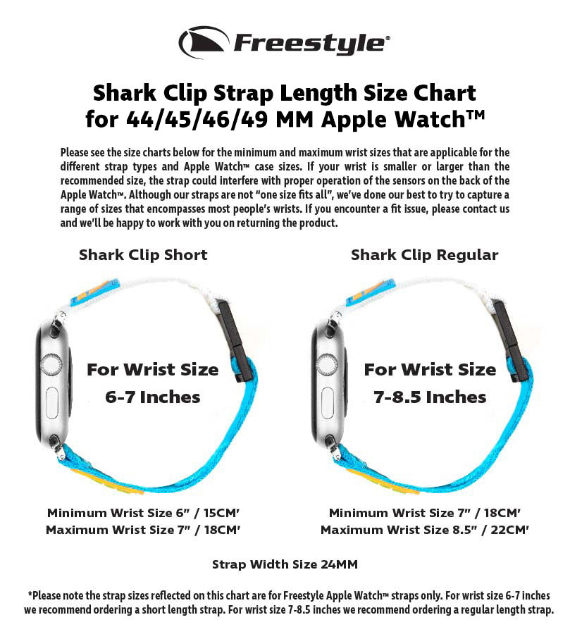 Shark Clip Strap Length Size Chart for 44/45/46/49 MM Apple Watch™ showing sizes for wrist 6-7 inches and 7-8.5 inches.