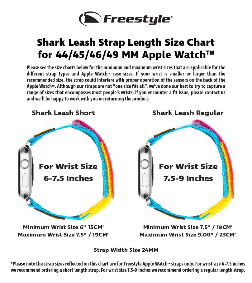 Shark Leash Strap Length Size Chart for 44/45/46/49 MM Apple Watch™ showing sizes for short and regular straps.