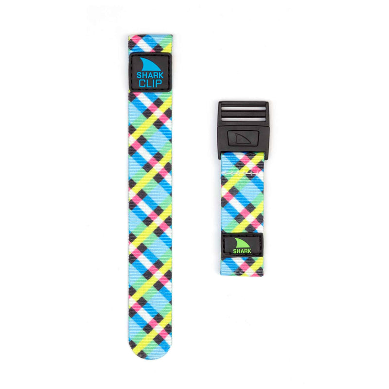 Two Freestyle STRAP KIT - CLIP - NEON PLAID watch bands, one long and one short, displayed on a white background.