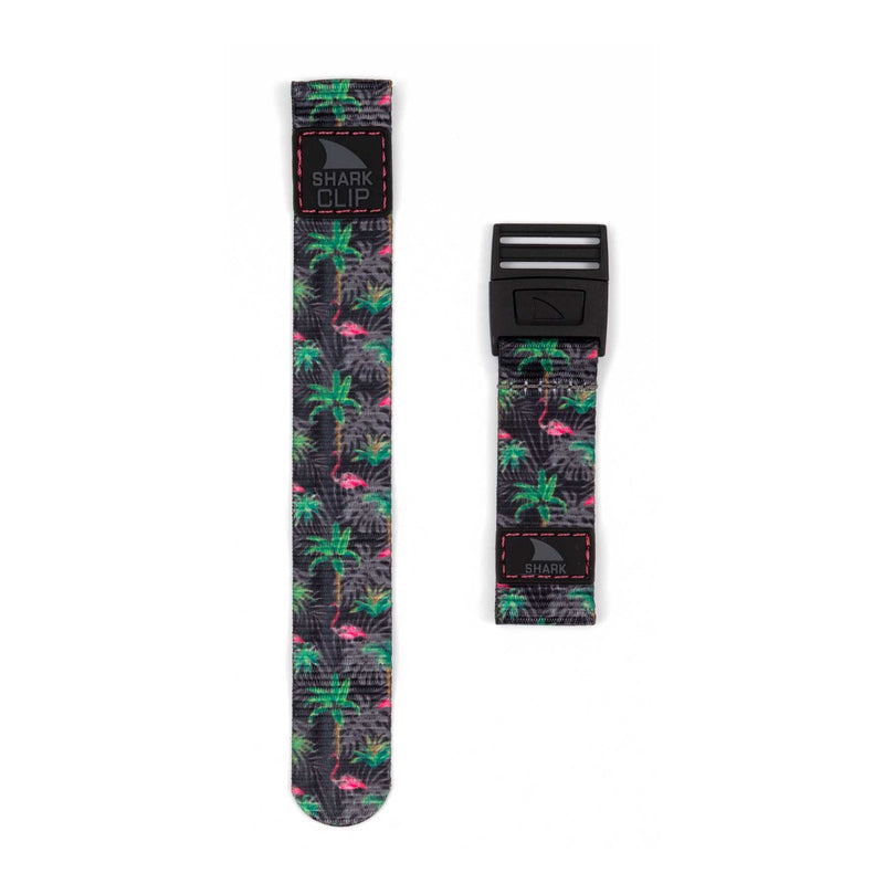 Freestyle STRAP KIT - CLIP - FLAMINGO AFTER DARK: two strap sections featuring flamingos, palm trees, and a black plastic buckle.