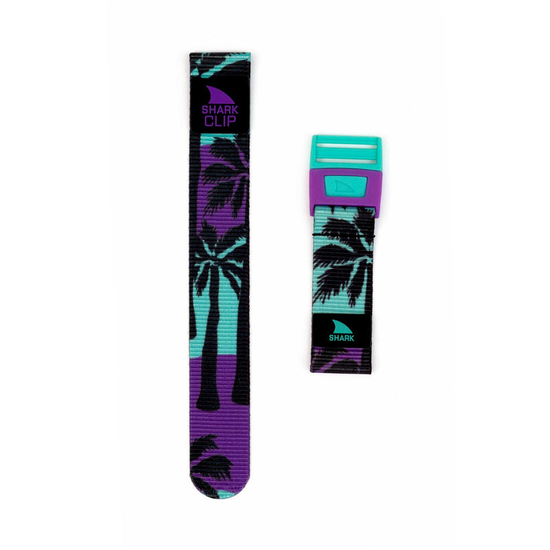 Two Freestyle watch straps in amber purple sunset; one features a Clip strap with a teal and purple buckle.