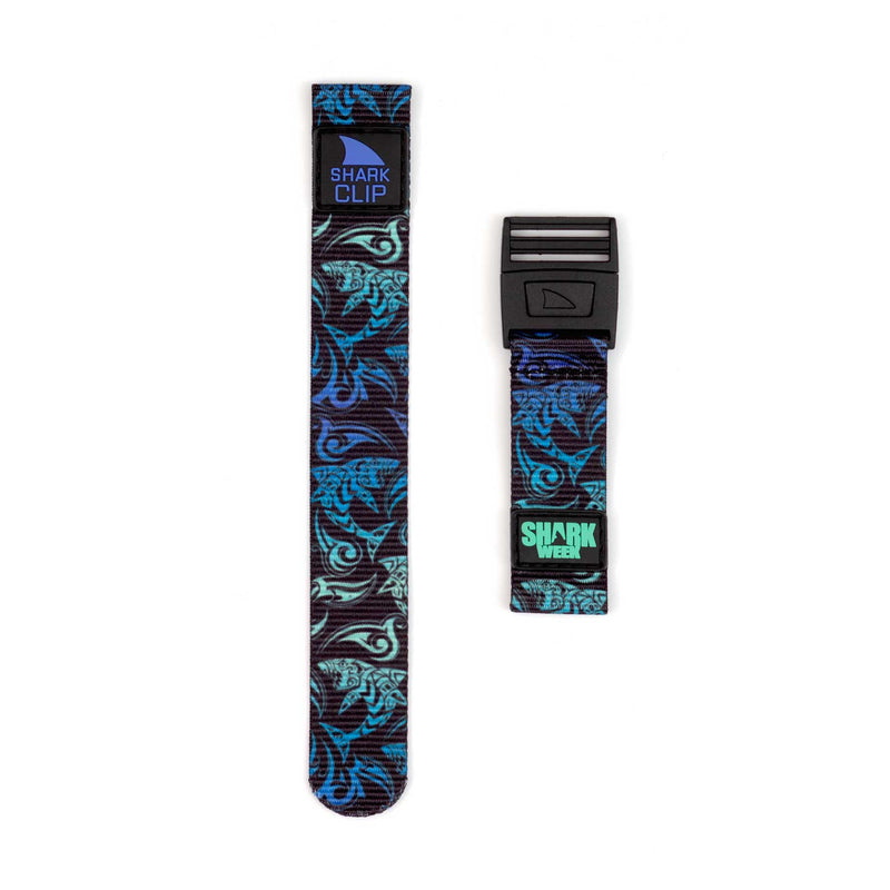 Two Freestyle STRAP KIT - CLIP - SHARK WEEK TRIBAL bands featuring blue and green tribal patterns with black clip closures.