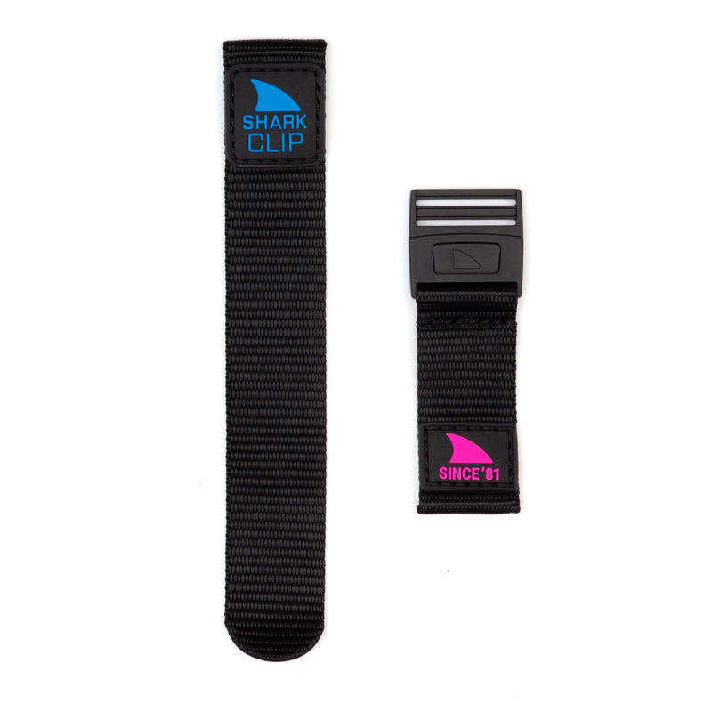 Two Freestyle STRAP KIT - CLIP - PRIMARY BLACK straps, each featuring a shark fin logo and an adjustable clip closure.