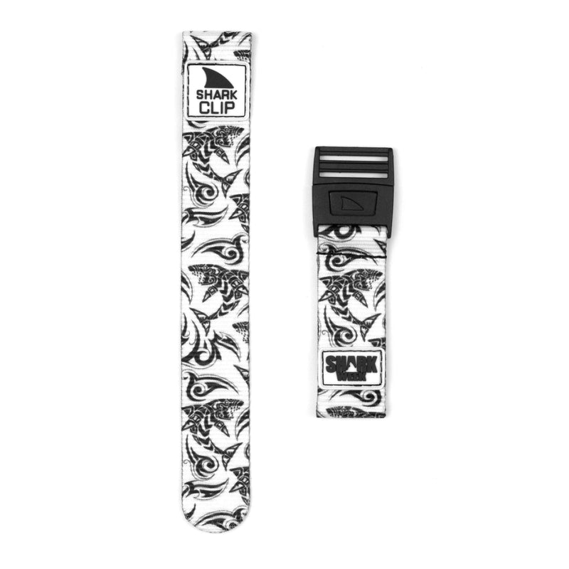 Two Freestyle Shark Week Tribal Mono Clip straps featuring a black-and-white tribal shark design with a plastic buckle and clip closure.