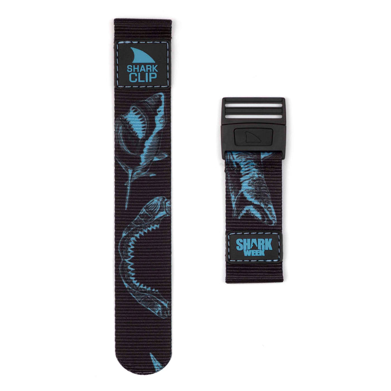 Two black Freestyle Shark Week Ghost Shark Clip straps featuring shark designs, blue labels, and clip closures.