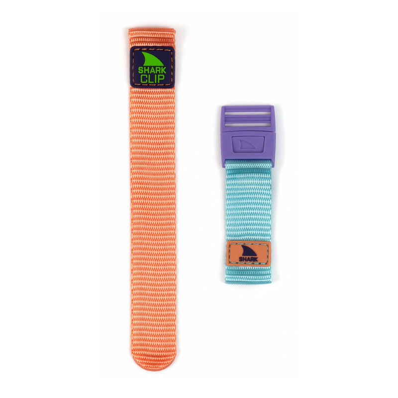 Freestyle STRAP KIT - CLIP - BLUE MELON: orange Shark Clip Strap, blue strap featuring a purple buckle and shark logo tag.