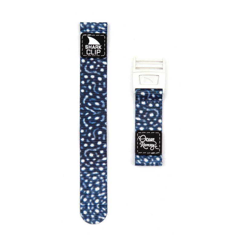 Two Freestyle STRAP KIT - CLIP - WHALE SHARK straps, blue and white with black logo patch and white clip buckle.
