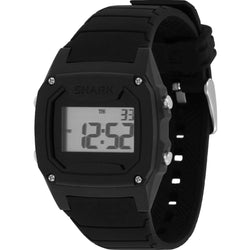 The Freestyle SHARK CLASSIC BLACK is a water resistant digital watch with a square face and silicone band, featuring an easy-to-read display.