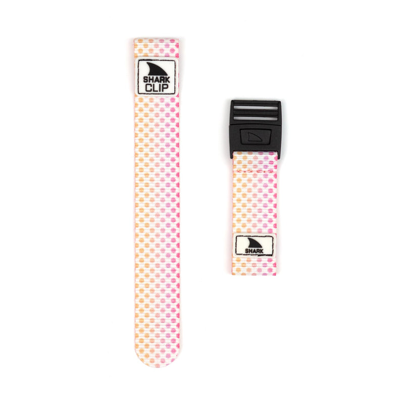 Freestyle STRAP KIT - CLIP - PINK DOTS: Two Shark Clip straps with pink and orange dots, clip closures; one features a buckle.