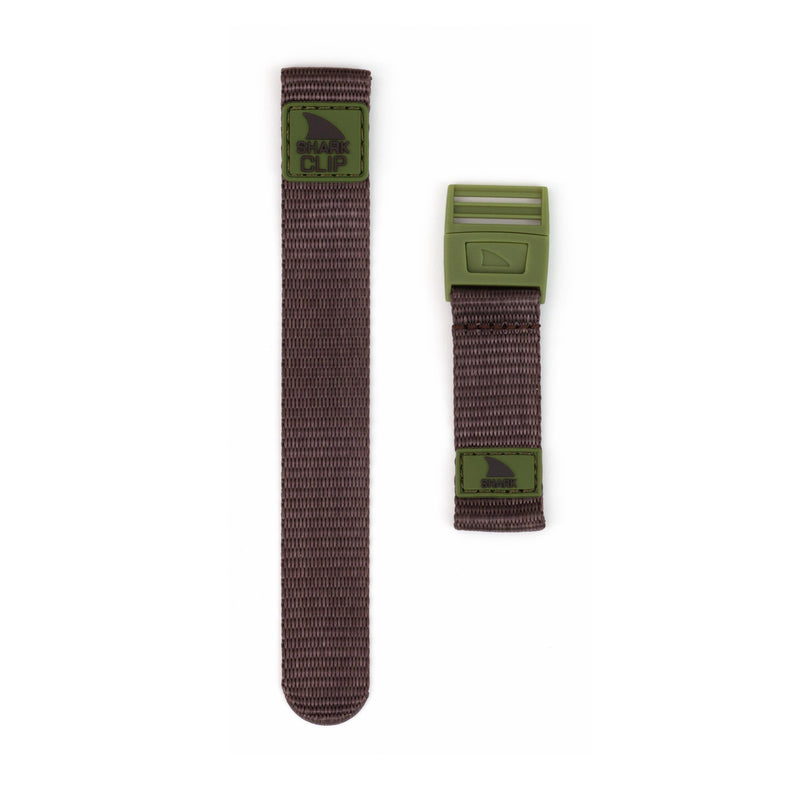 Two Freestyle STRAP KIT - CLIP - GREEN MACHINE brown nylon watch straps, one longer and one shorter, featuring green clips.