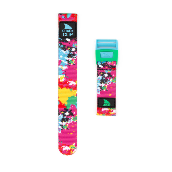 Two Freestyle Shark Classic Neon Splatter Clip Strap bands provide a secure fit in durable woven polyester.