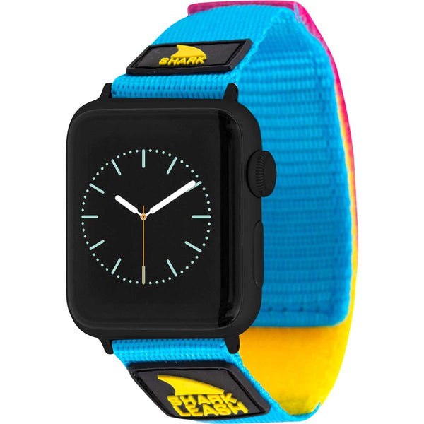 Freestyle Apple Watch™ featuring Shark logo patches, black face, and cyan/yellow Leash Strap.