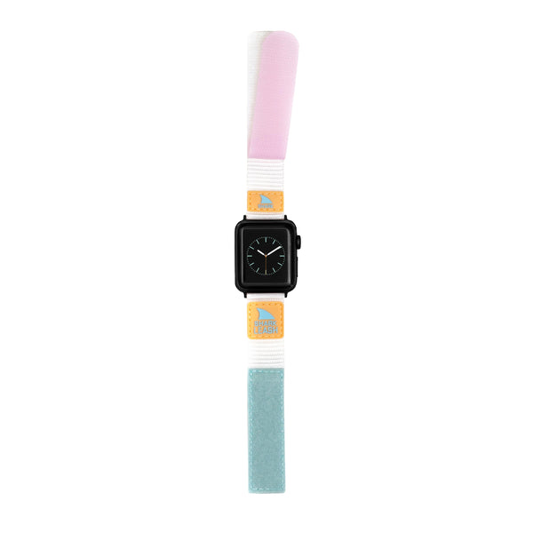 The Freestyle Apple Watch™ Leash Strap in blue tie dye showcases a Sea Turtle Island badge and Shark Leash closure.