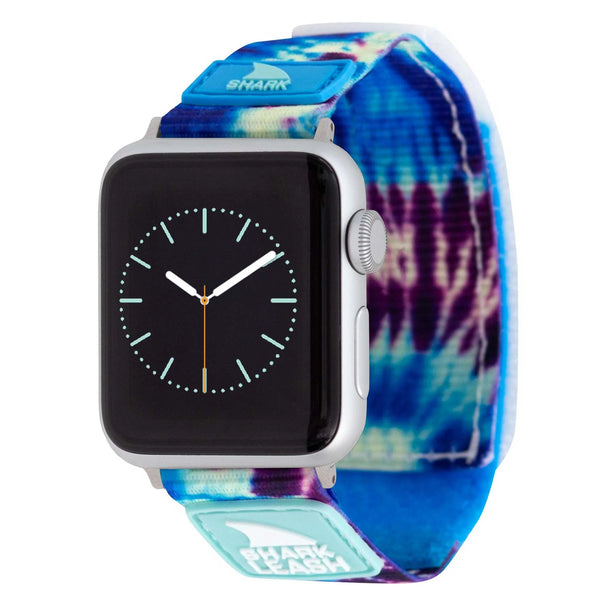 The Freestyle Apple Watch™ Leash Strap Blue Daze features a blue-purple tie-dye strap and a sleek black digital display.