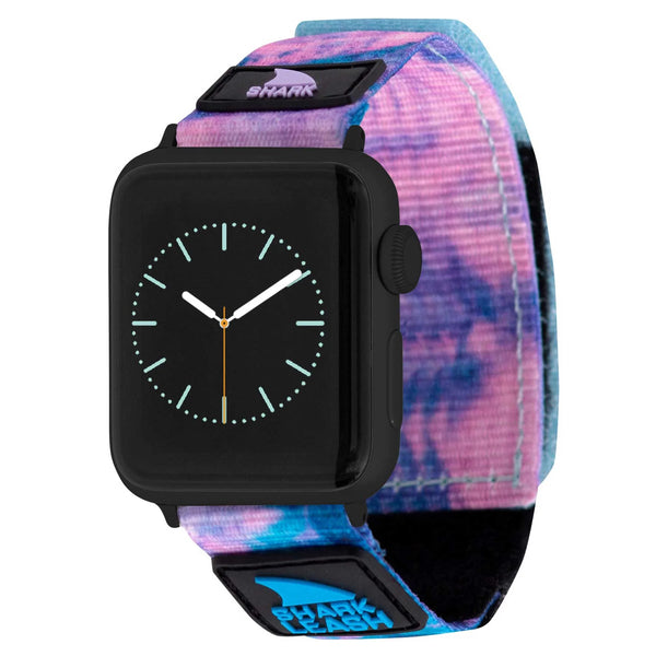 Smartwatch with a black face and pink and blue Apple Watch™ Leash Strap Black Twist from Freestyle.
