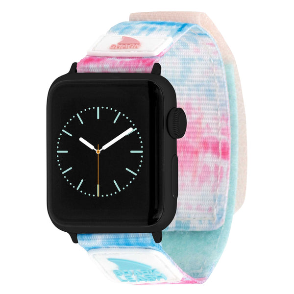 Apple Watch™ with Freestyle Leash Strap in pastel tie-dye pink and blue, featuring a black watch face.