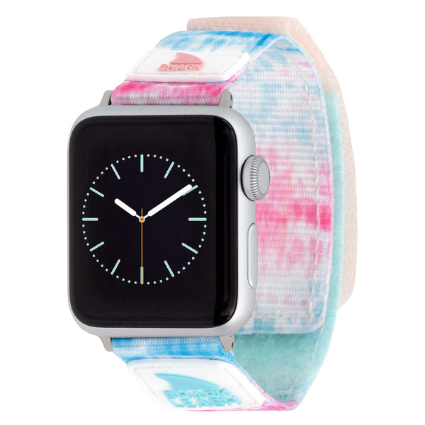 Apple Watch™ with a pastel tie dye Freestyle Leash Strap, showcasing a simple analog face.