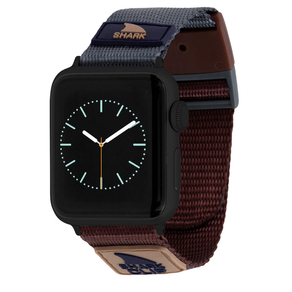 Freestyle APPLE WATCH™ CLIP STRAP MOJAVE: Brown and blue fabric strap with a clip closure, paired with a black square watch face featuring a minimalist design.