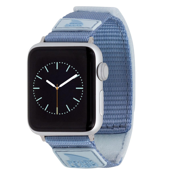 APPLE WATCH™ featuring a Freestyle LEASH STRAP SKY, displaying a clock face with a black background and white hour markers.