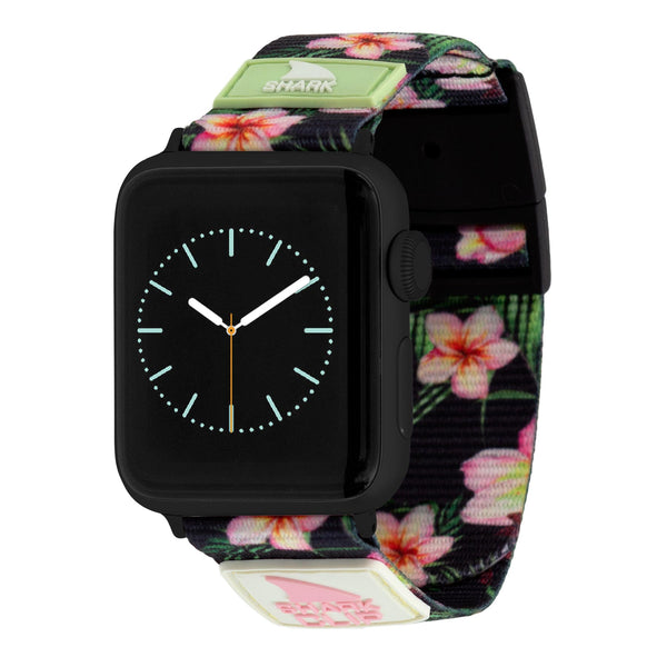 Freestyles APPLE WATCH™ CLIP STRAP PLUMERIA showcases a floral design with pink flowers and green accents.