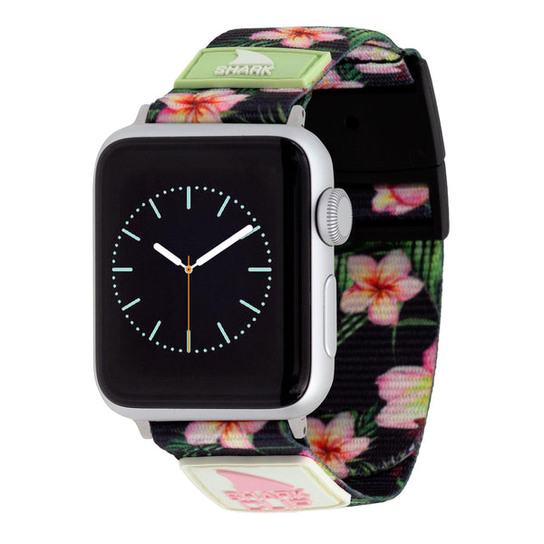 Freestyle APPLE WATCH™ CLIP STRAP PLUMERIA featuring a shark clip closure with a pink and green floral design on a black background.