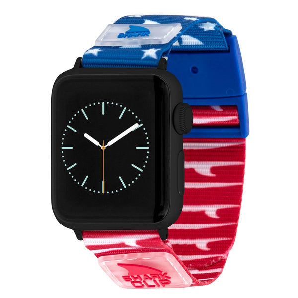 Freestyle APPLE WATCH™ CLIP STRAP FINS & TAILS: a red, white & blue band decorated with stars and sharks.
