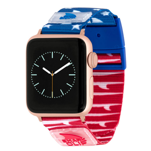 Freestyle APPLE WATCH™ CLIP STRAP FINS & TAILS: gold case, shark/star accents, red/white/blue strap.