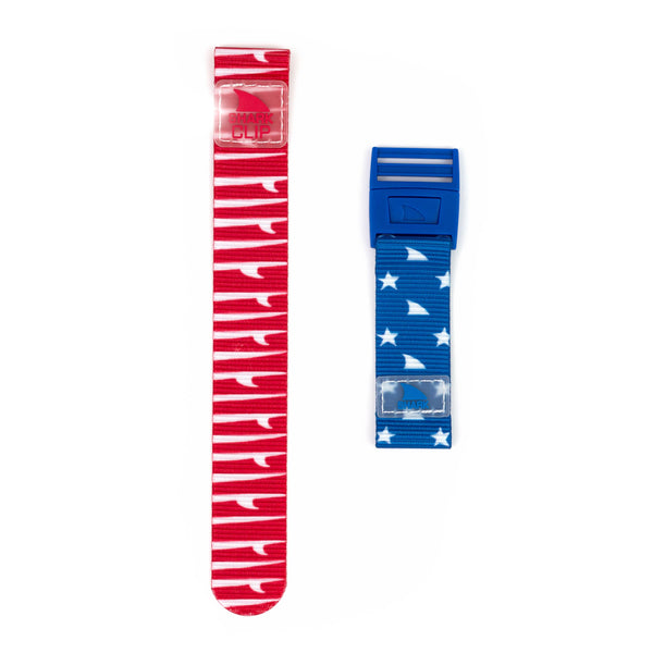 Freestyle APPLE WATCH™ CLIP STRAP FINS & TAILS: red with white stripes, blue with stars and shark fins.