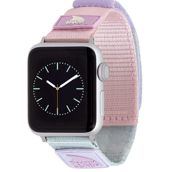 Apple Watch™ with Freestyle Leash Strap in Wildwood style, featuring an analog face and light blue/orange hands.