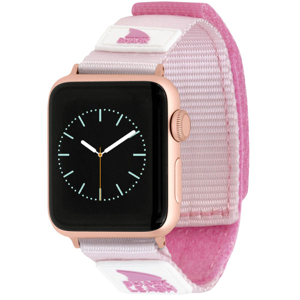 Freestyle APPLE WATCH™ LEASH STRAP PINK CRUSH: Pink and white band for Apple Watch with gold case and classic round-style display.