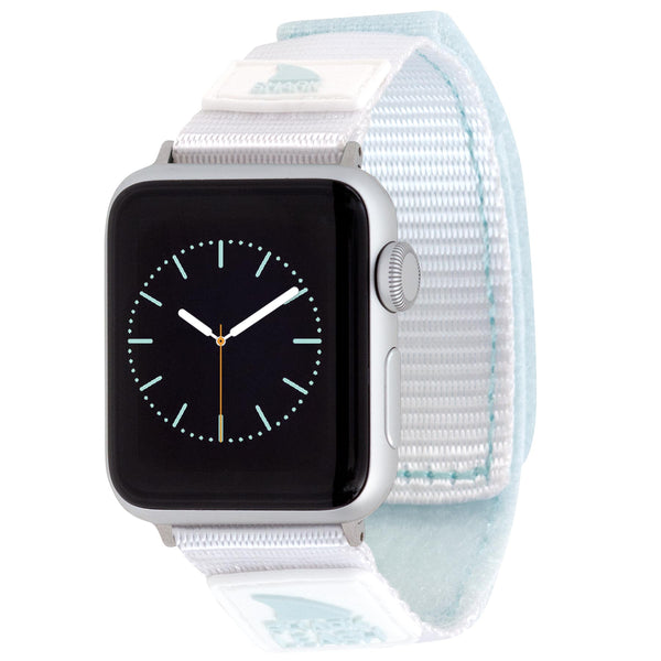 The APPLE WATCH™ LEASH STRAP ARCTIC RUSH by Freestyle includes a dark display and a light blue and white nylon strap.