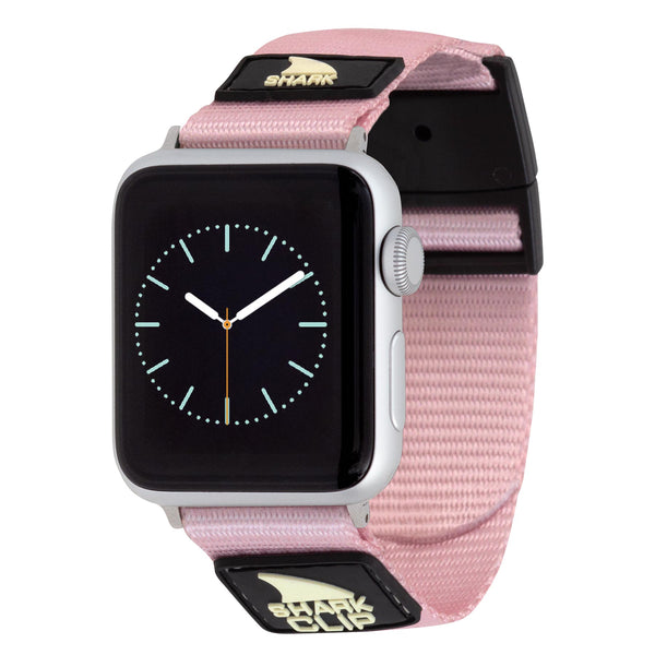 Smartwatch with APPLE WATCH™ CLIP STRAP in Mochi Pink by Freestyle, showcasing a dark screen and an analog clock face.