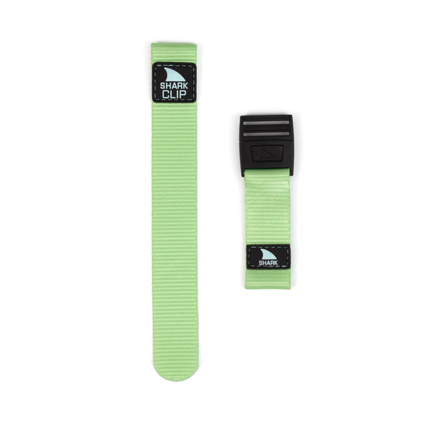 Two green fabric items with black clip closures labeled STRAP KIT - CLIP - BOBA TEA on a white background.