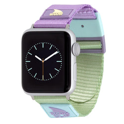 Apple Watch with lavender and lime clip strap featuring woven texture and Shark logo on strap patches