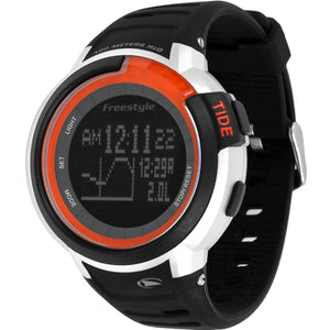 Freestyle MARINER TIDE 600 BLACK/SILVER/ORANGE watch displays tide chart and is water-resistant.