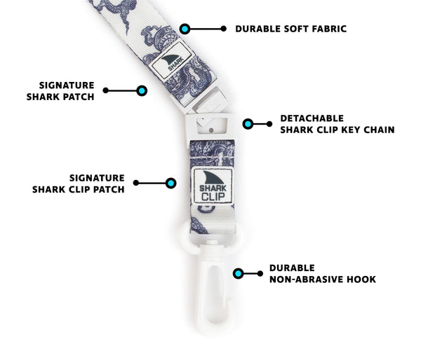 A Freestyle Lanyard & Key Chain - Octopus with soft fabric, shark clip, patch, and non-abrasive hook.