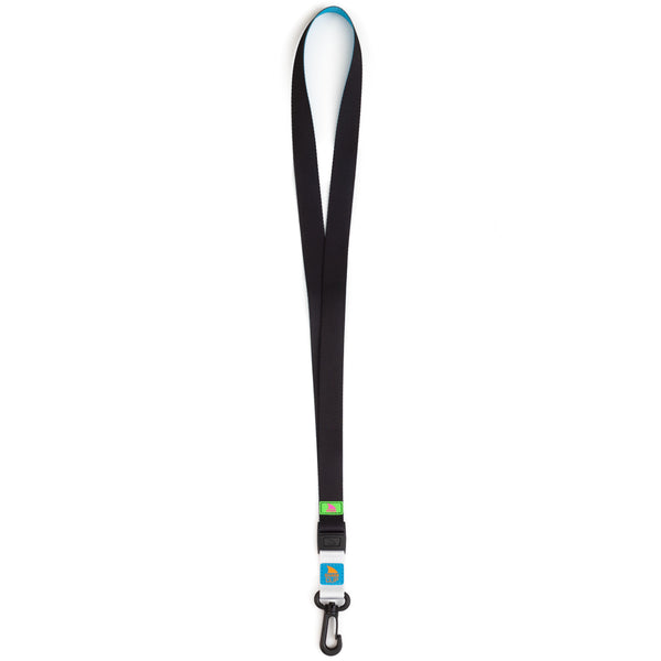 The Freestyle Black Neon Lanyard features a blue logo, shark clip, adjustable design, and swivel hook.