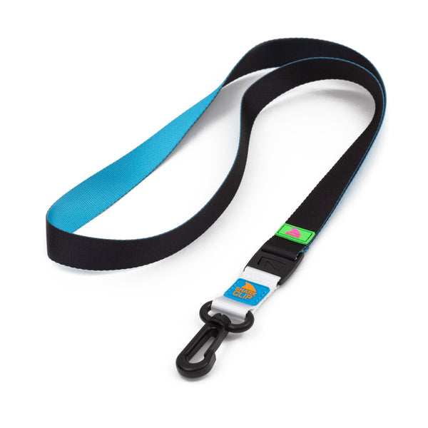 Freestyle Black Neon Lanyard featuring a shark clip with green and pink rubber attachments.
