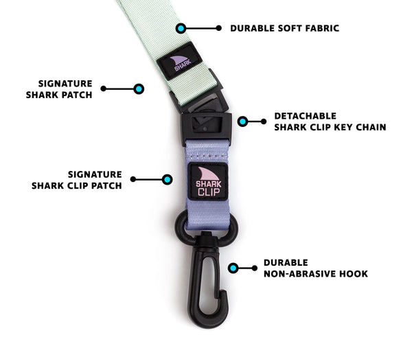 Freestyle Key Chain and Lanyard in Green Tea: features durable fabric, a Shark Clip, non-abrasive hook, and stylish shark patch labels.