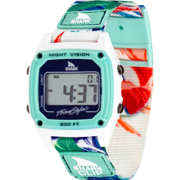 Freestyle Shark Classic Paradise Green with floral-patterned Shark Clip Strap shows time 4:37.